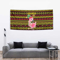 Uganda Christmas Tapestry with Flamingo Lights Uganda Flag and Black Red Yellow Tribal Pattern Design - Wonder Print Shop