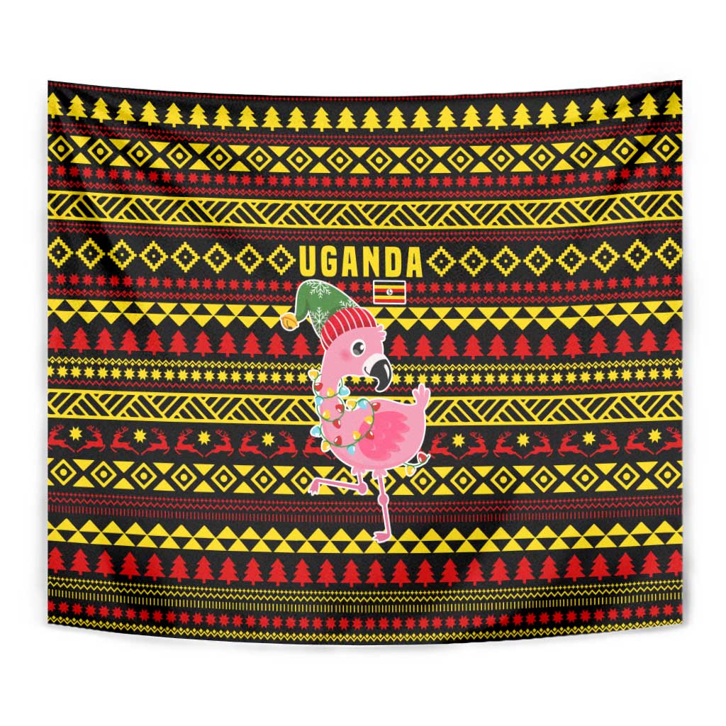 Uganda Christmas Tapestry with Flamingo Lights Uganda Flag and Black Red Yellow Tribal Pattern Design - Wonder Print Shop