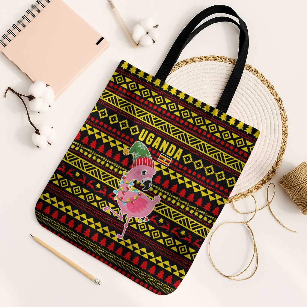 Uganda Christmas Tote Bag with Flamingo Lights Uganda Flag and Black Red Yellow Tribal Pattern Design - Wonder Print Shop