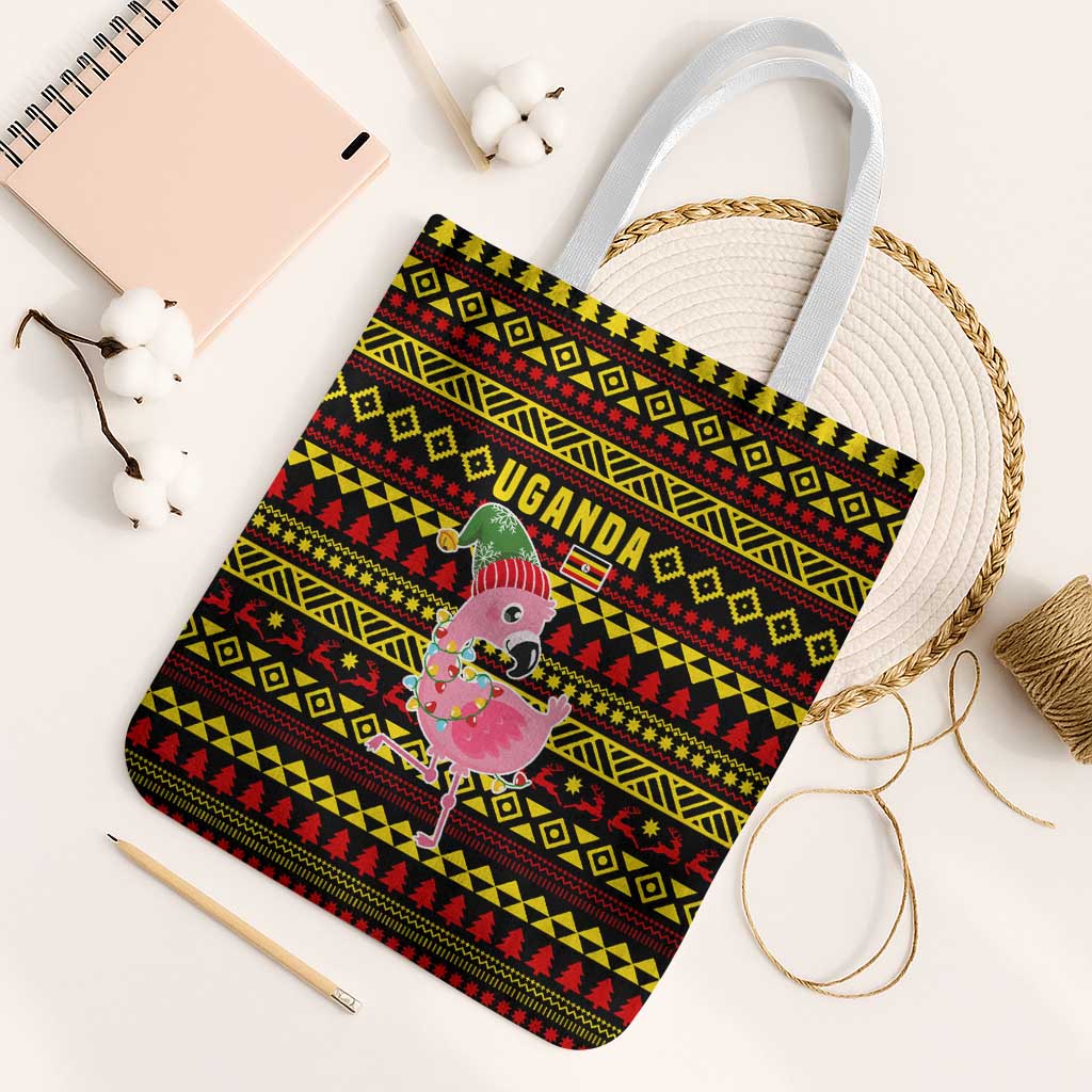 Uganda Christmas Tote Bag with Flamingo Lights Uganda Flag and Black Red Yellow Tribal Pattern Design - Wonder Print Shop