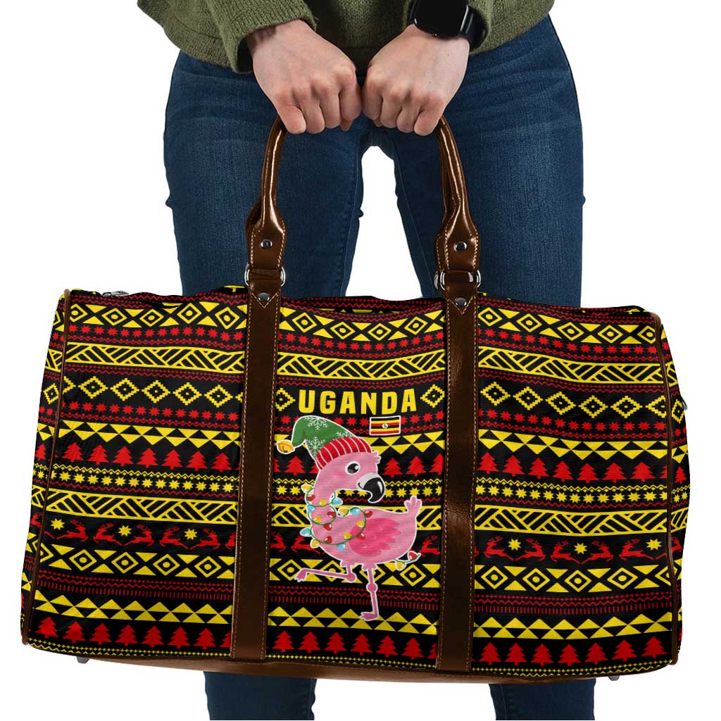 Uganda Christmas Travel Bag with Flamingo Lights Uganda Flag and Black Red Yellow Tribal Pattern Design - Wonder Print Shop