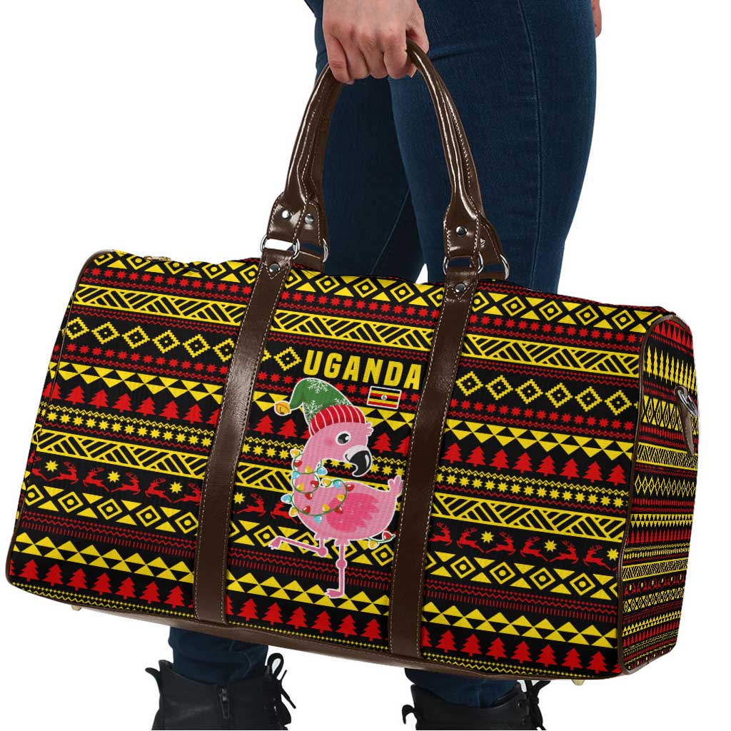 Uganda Christmas Travel Bag with Flamingo Lights Uganda Flag and Black Red Yellow Tribal Pattern Design - Wonder Print Shop