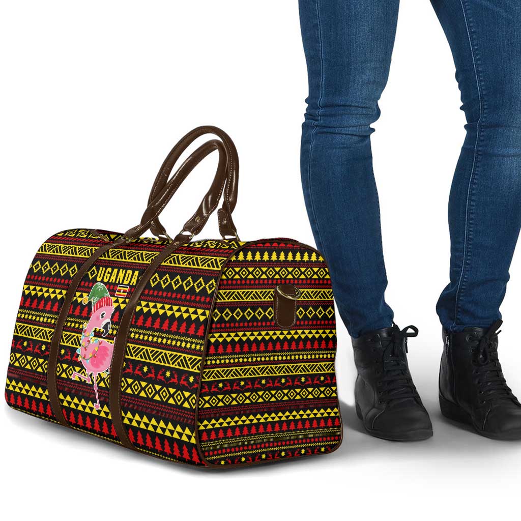Uganda Christmas Travel Bag with Flamingo Lights Uganda Flag and Black Red Yellow Tribal Pattern Design - Wonder Print Shop