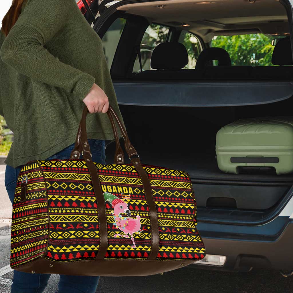 Uganda Christmas Travel Bag with Flamingo Lights Uganda Flag and Black Red Yellow Tribal Pattern Design - Wonder Print Shop