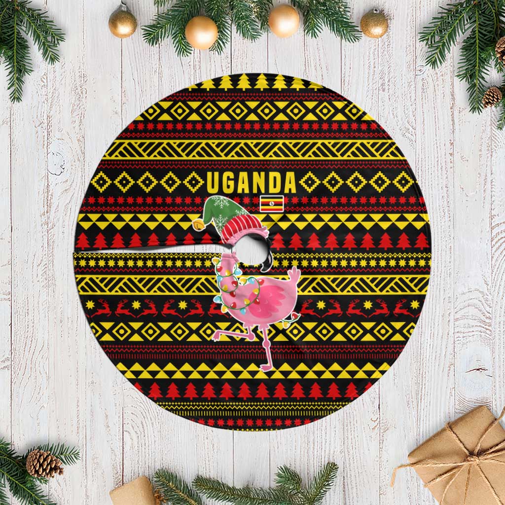 Uganda Christmas Tree Skirt with Flamingo Lights Uganda Flag and Black Red Yellow Tribal Pattern Design - Wonder Print Shop