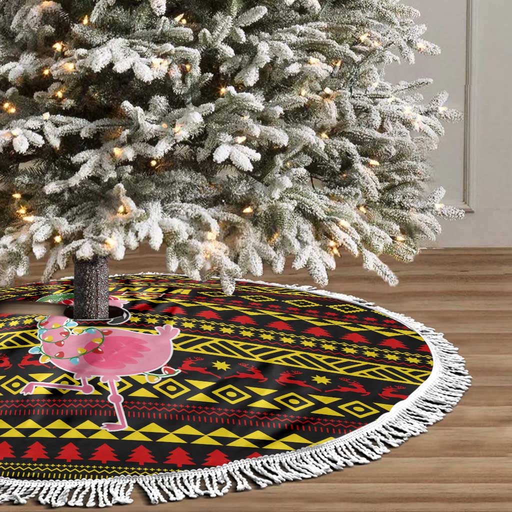 Uganda Christmas Tree Skirt with Flamingo Lights Uganda Flag and Black Red Yellow Tribal Pattern Design - Wonder Print Shop