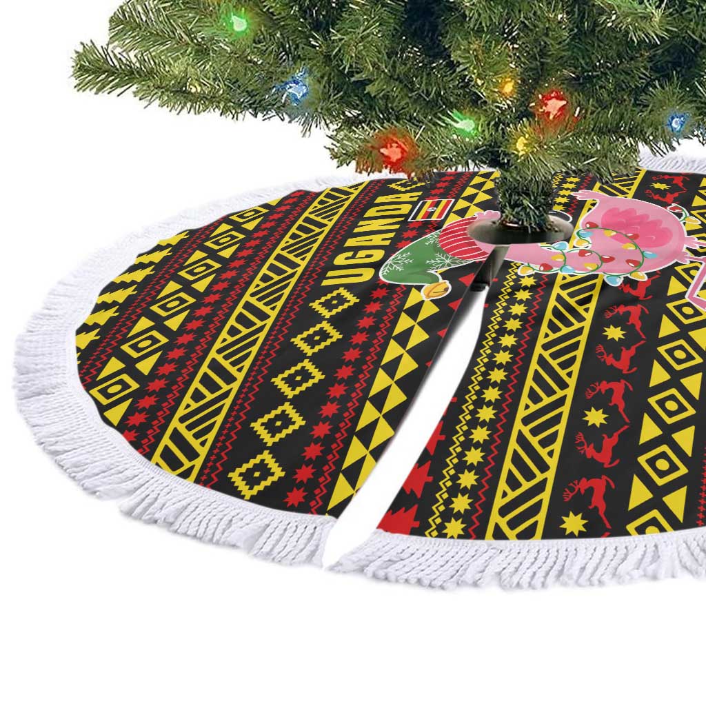 Uganda Christmas Tree Skirt with Flamingo Lights Uganda Flag and Black Red Yellow Tribal Pattern Design - Wonder Print Shop