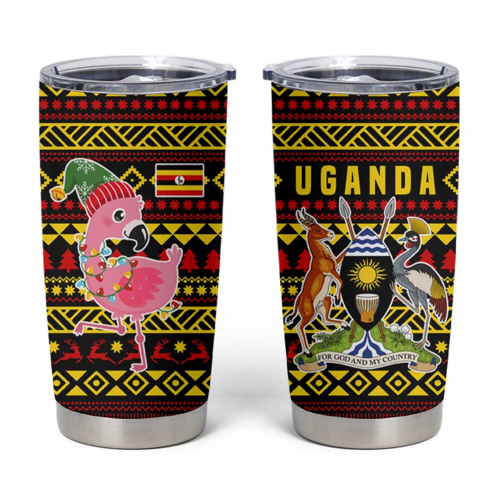 Uganda Christmas Tumbler Cup with Flamingo Lights Uganda Flag and Black Red Yellow Tribal Pattern Design - Wonder Print Shop