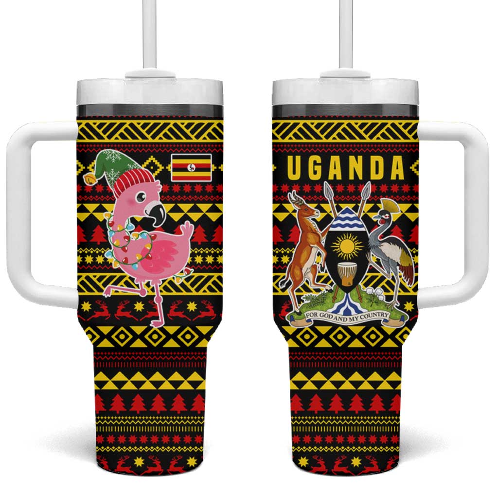 Uganda Christmas Tumbler With Handle with Flamingo Lights Uganda Flag and Black Red Yellow Tribal Pattern Design - Wonder Print Shop