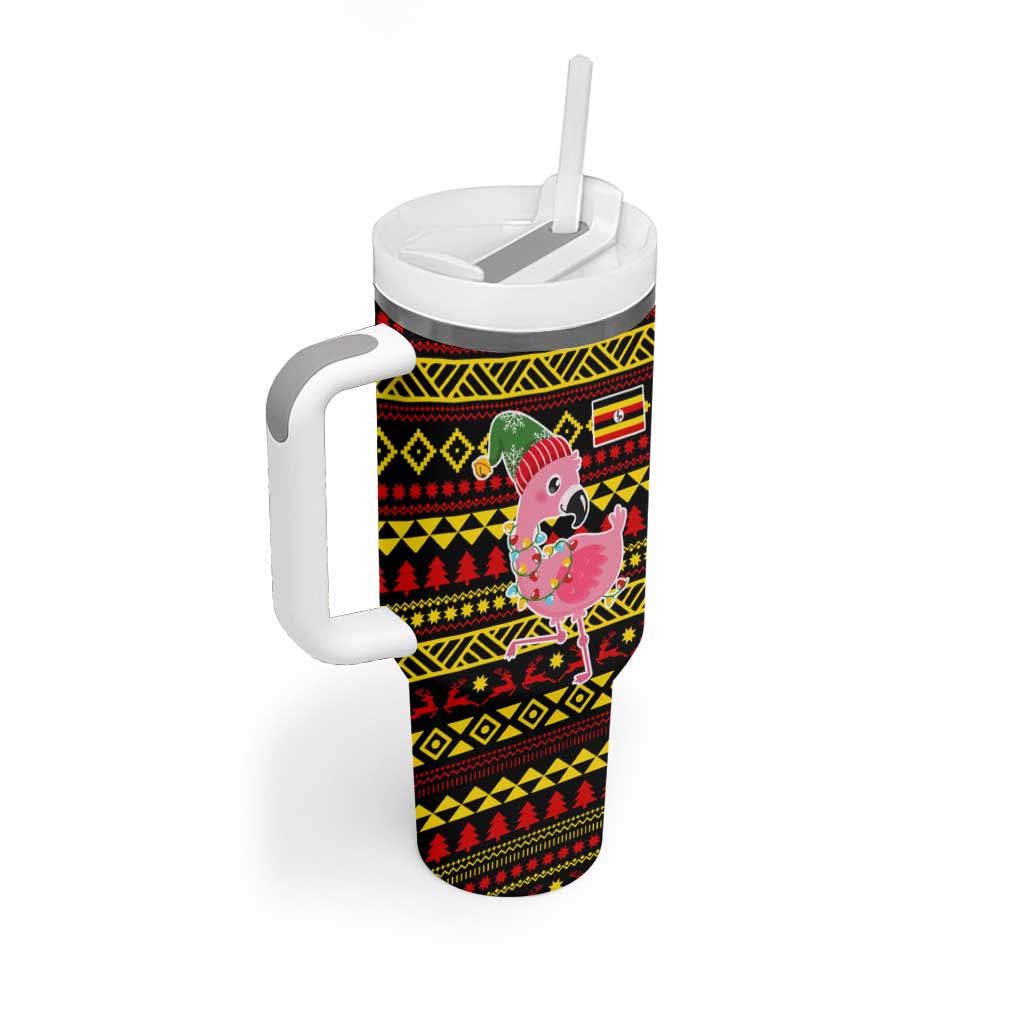 Uganda Christmas Tumbler With Handle with Flamingo Lights Uganda Flag and Black Red Yellow Tribal Pattern Design - Wonder Print Shop