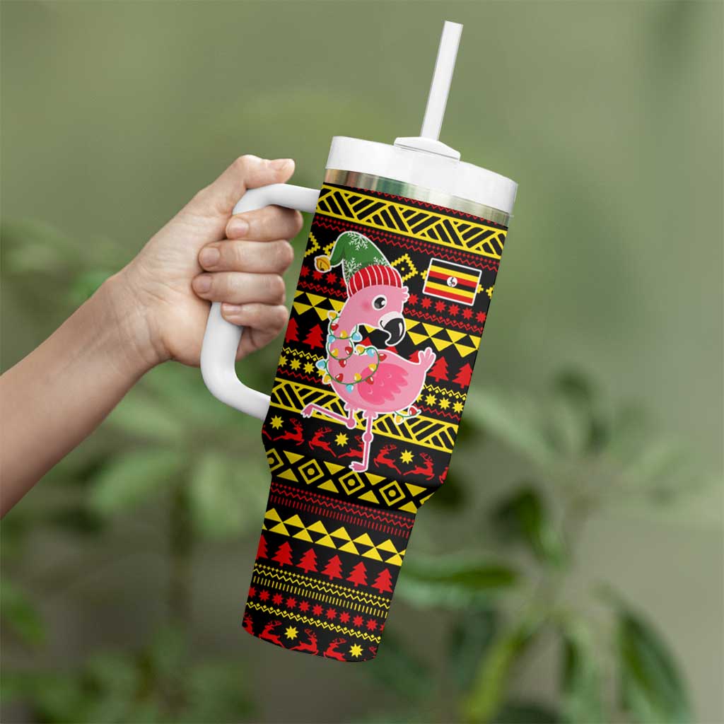 Uganda Christmas Tumbler With Handle with Flamingo Lights Uganda Flag and Black Red Yellow Tribal Pattern Design - Wonder Print Shop
