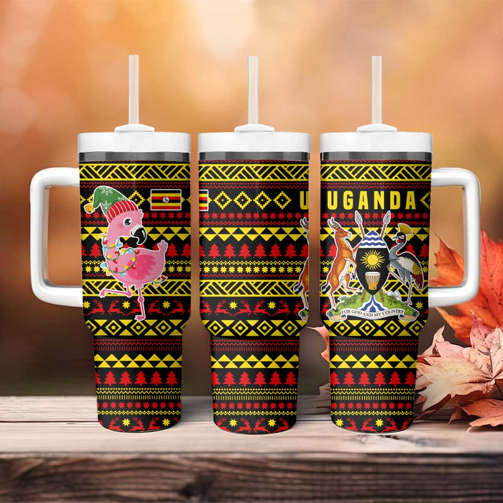 Uganda Christmas Tumbler With Handle with Flamingo Lights Uganda Flag and Black Red Yellow Tribal Pattern Design - Wonder Print Shop