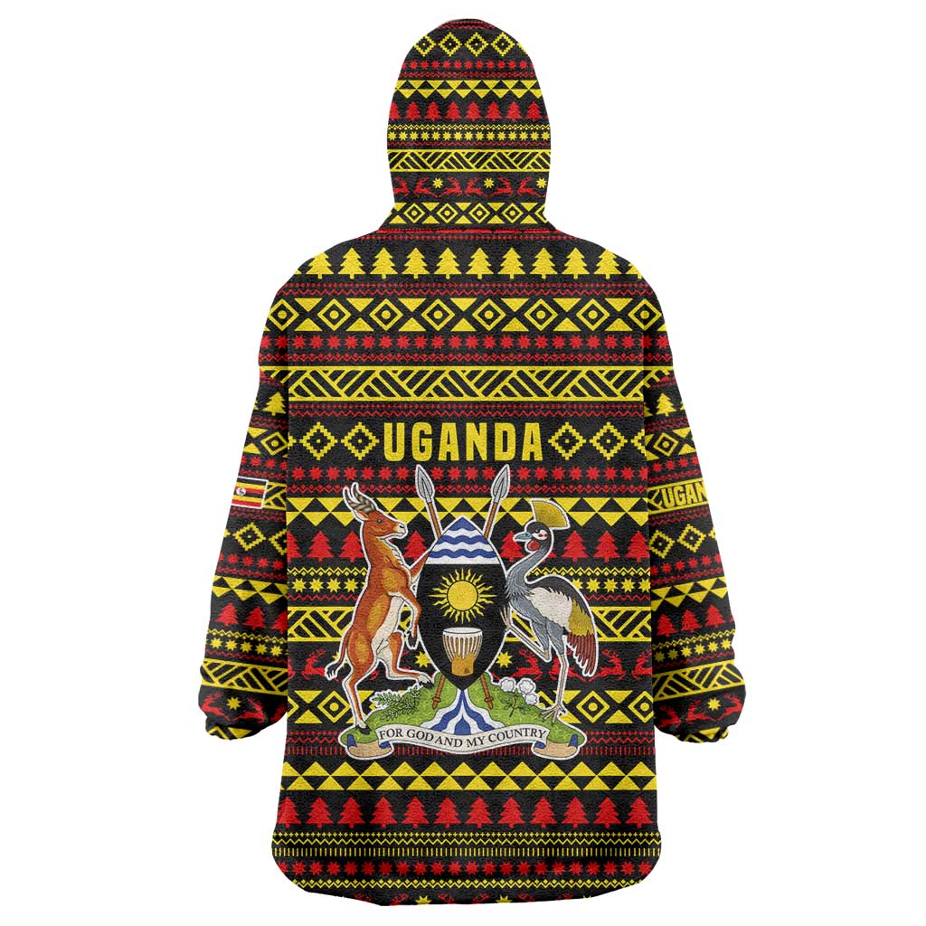 Uganda Christmas Wearable Blanket Hoodie with Flamingo Lights Uganda Flag and Black Red Yellow Tribal Pattern Design - Wonder Print Shop