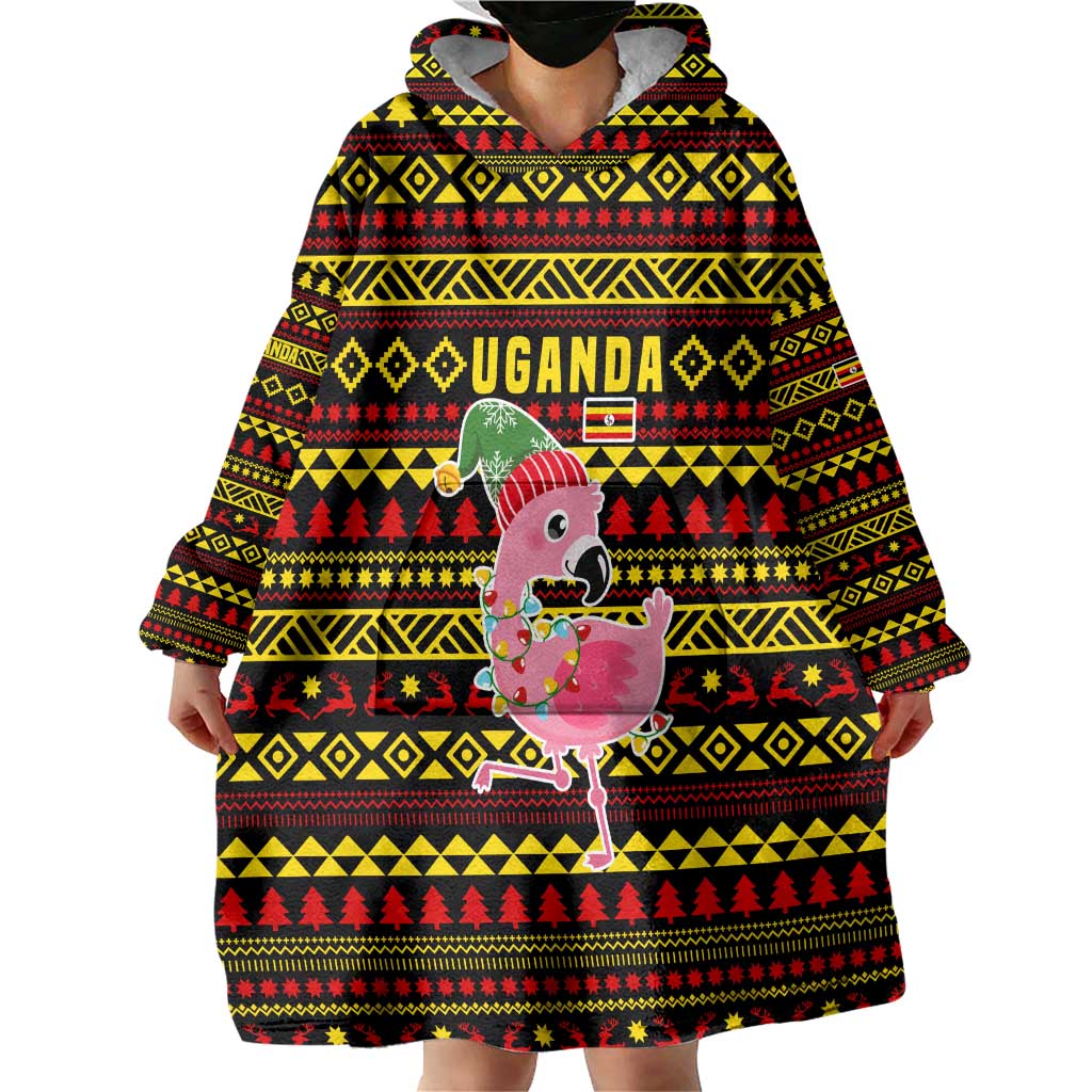 Uganda Christmas Wearable Blanket Hoodie with Flamingo Lights Uganda Flag and Black Red Yellow Tribal Pattern Design - Wonder Print Shop