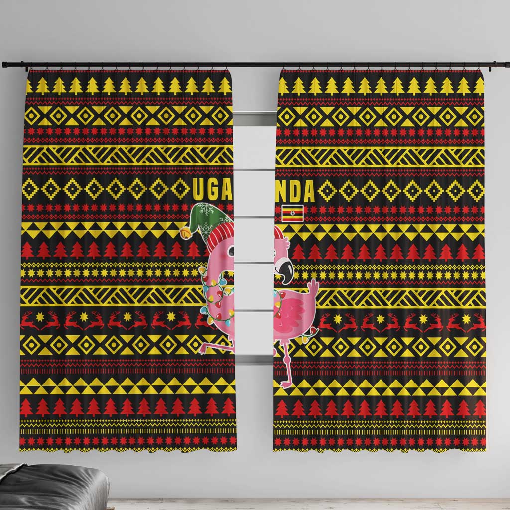 Uganda Christmas Window Curtain with Flamingo Lights Uganda Flag and Black Red Yellow Tribal Pattern Design - Wonder Print Shop