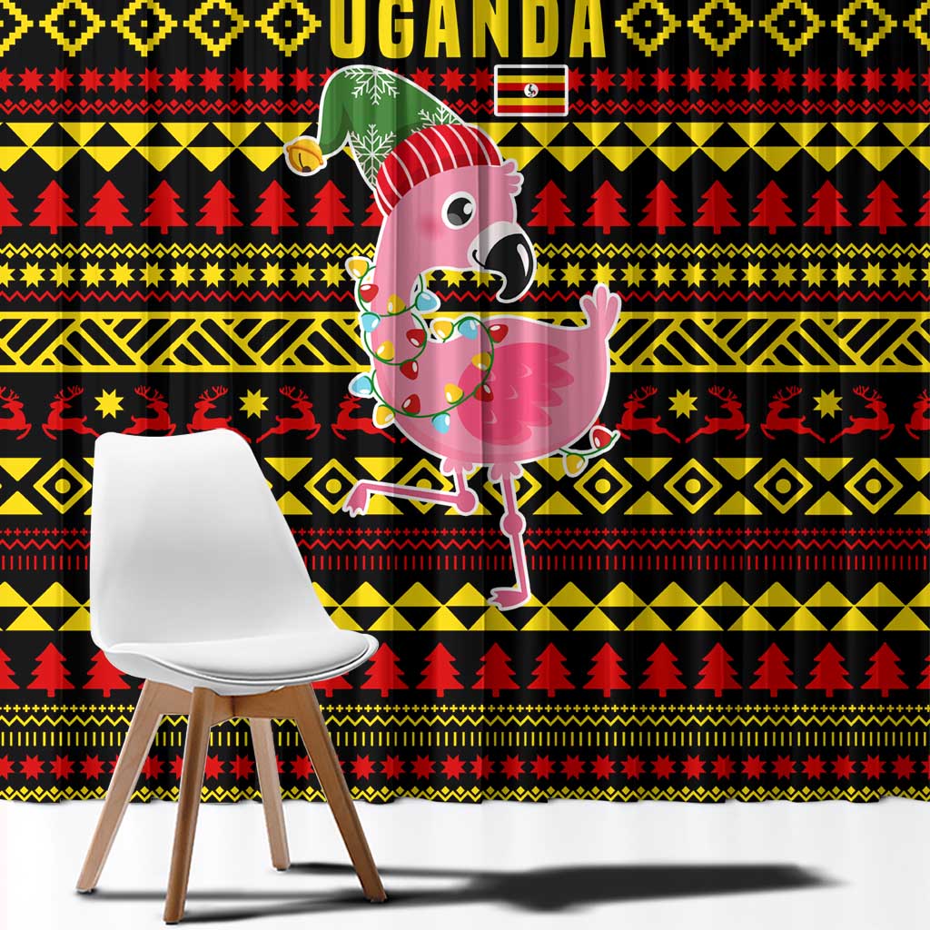 Uganda Christmas Window Curtain with Flamingo Lights Uganda Flag and Black Red Yellow Tribal Pattern Design - Wonder Print Shop