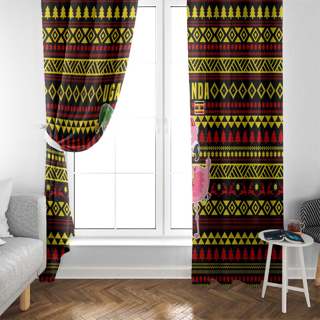 Uganda Christmas Window Curtain with Flamingo Lights Uganda Flag and Black Red Yellow Tribal Pattern Design - Wonder Print Shop