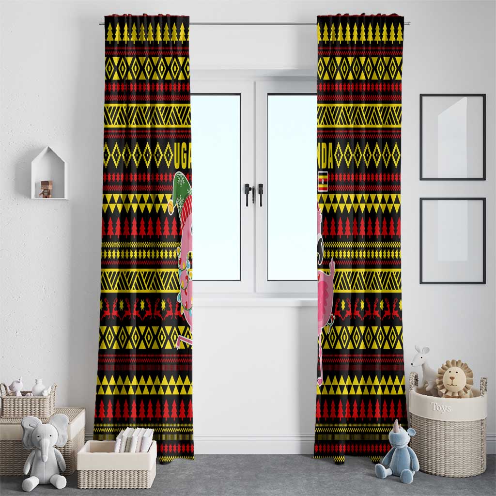 Uganda Christmas Window Curtain with Flamingo Lights Uganda Flag and Black Red Yellow Tribal Pattern Design - Wonder Print Shop