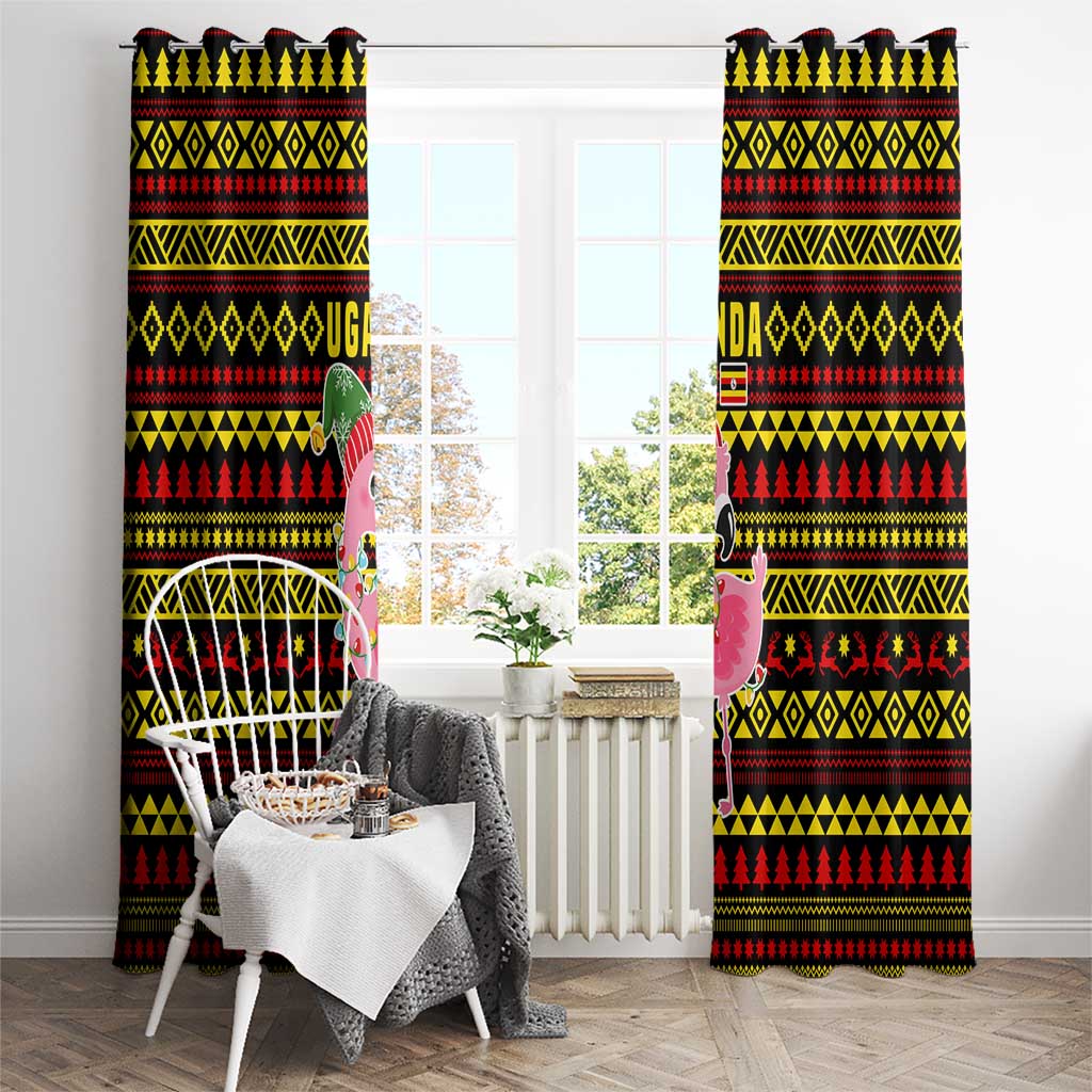 Uganda Christmas Window Curtain with Flamingo Lights Uganda Flag and Black Red Yellow Tribal Pattern Design - Wonder Print Shop