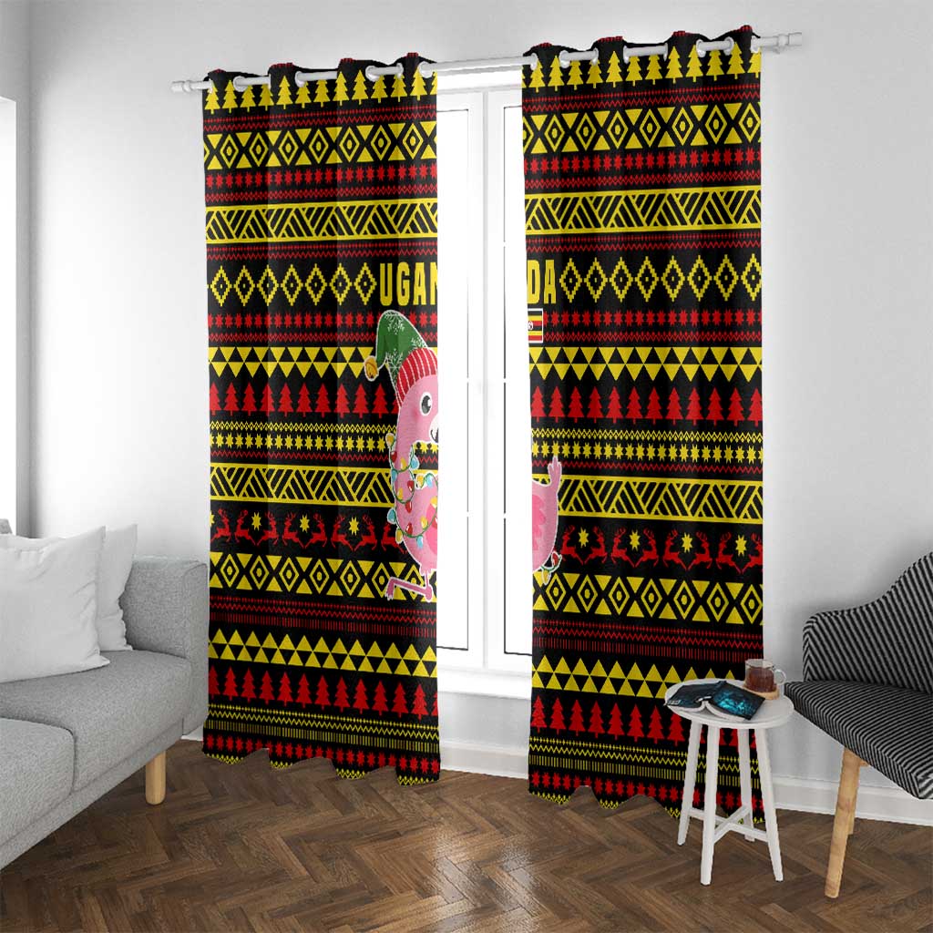 Uganda Christmas Window Curtain with Flamingo Lights Uganda Flag and Black Red Yellow Tribal Pattern Design - Wonder Print Shop