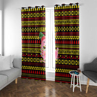 Uganda Christmas Window Curtain with Flamingo Lights Uganda Flag and Black Red Yellow Tribal Pattern Design - Wonder Print Shop