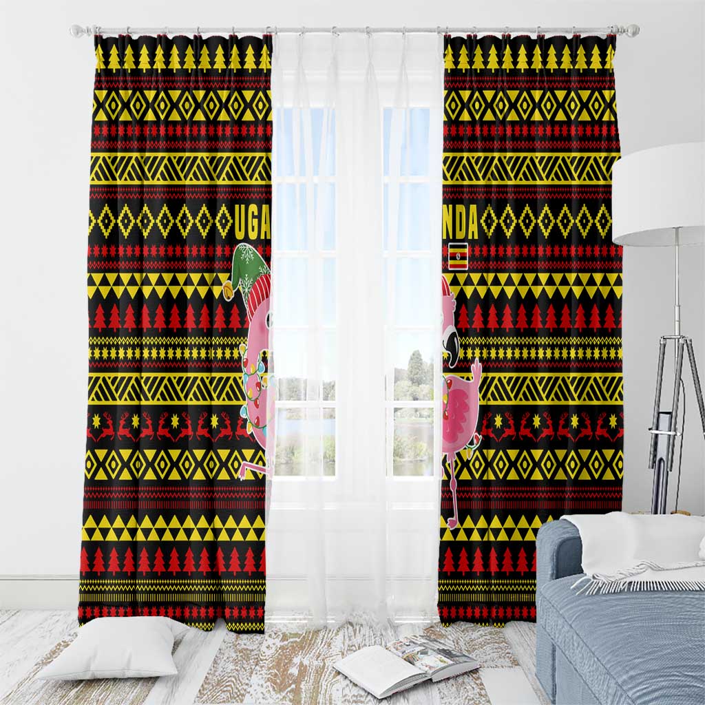 Uganda Christmas Window Curtain with Flamingo Lights Uganda Flag and Black Red Yellow Tribal Pattern Design - Wonder Print Shop