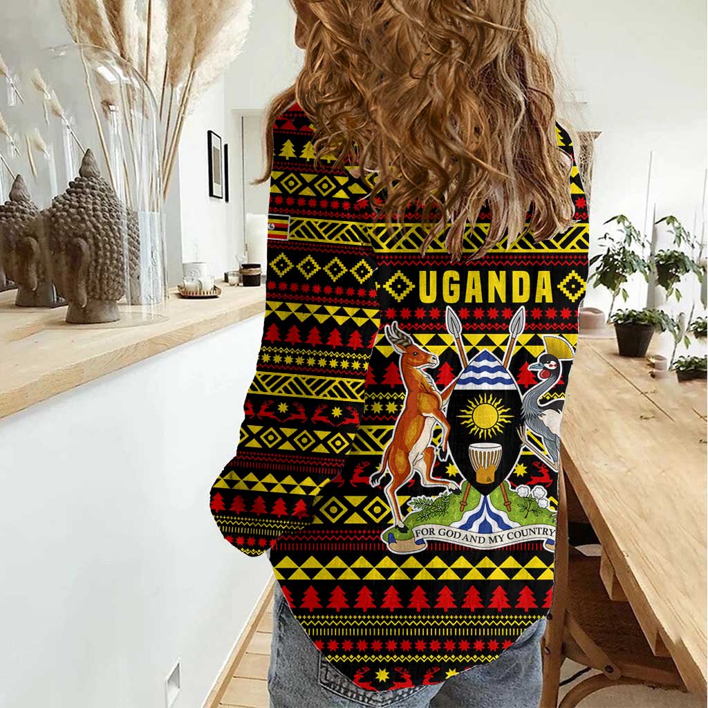 Uganda Christmas Women Casual Shirt with Flamingo Lights Uganda Flag and Black Red Yellow Tribal Pattern Design - Wonder Print Shop