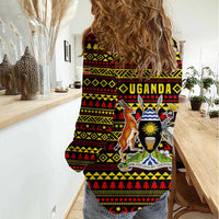 Uganda Christmas Women Casual Shirt with Flamingo Lights Uganda Flag and Black Red Yellow Tribal Pattern Design - Wonder Print Shop