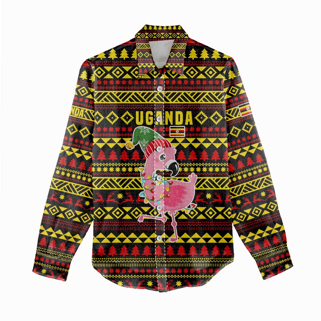 Uganda Christmas Women Casual Shirt with Flamingo Lights Uganda Flag and Black Red Yellow Tribal Pattern Design - Wonder Print Shop