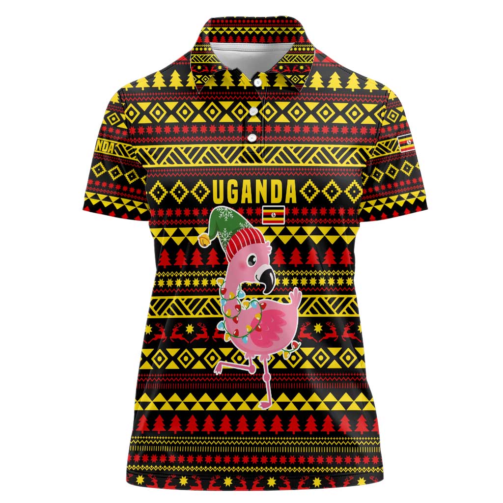 Uganda Christmas Women Polo Shirt with Flamingo Lights Uganda Flag and Black Red Yellow Tribal Pattern Design - Wonder Print Shop