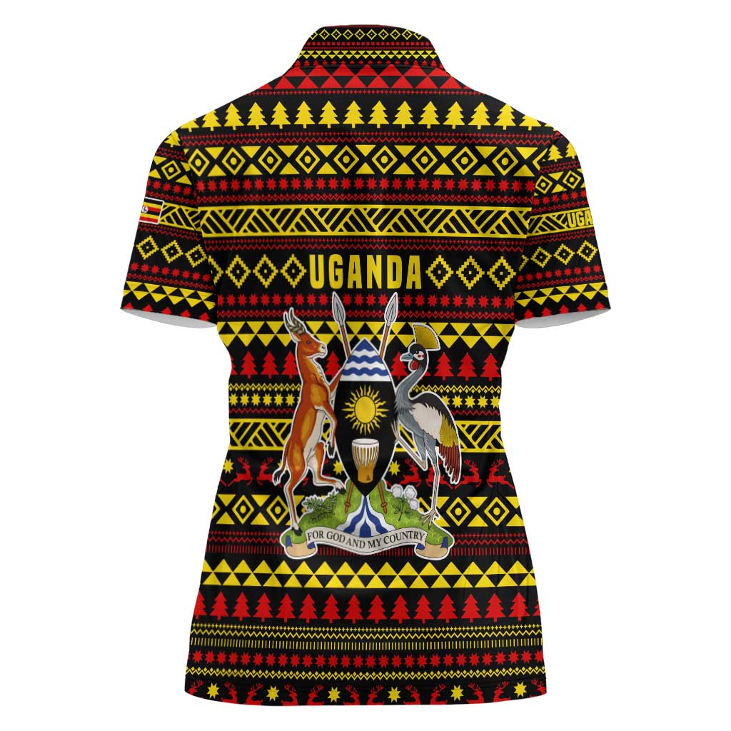 Uganda Christmas Women Polo Shirt with Flamingo Lights Uganda Flag and Black Red Yellow Tribal Pattern Design - Wonder Print Shop