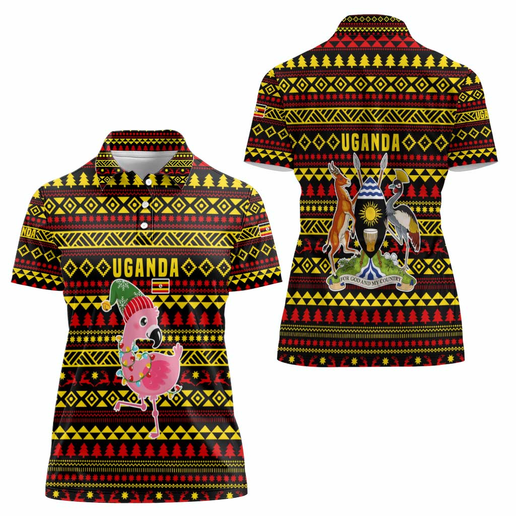 Uganda Christmas Women Polo Shirt with Flamingo Lights Uganda Flag and Black Red Yellow Tribal Pattern Design - Wonder Print Shop