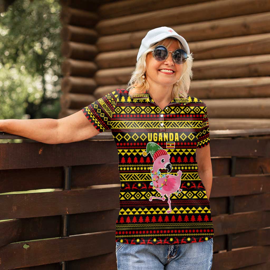 Uganda Christmas Women Polo Shirt with Flamingo Lights Uganda Flag and Black Red Yellow Tribal Pattern Design - Wonder Print Shop