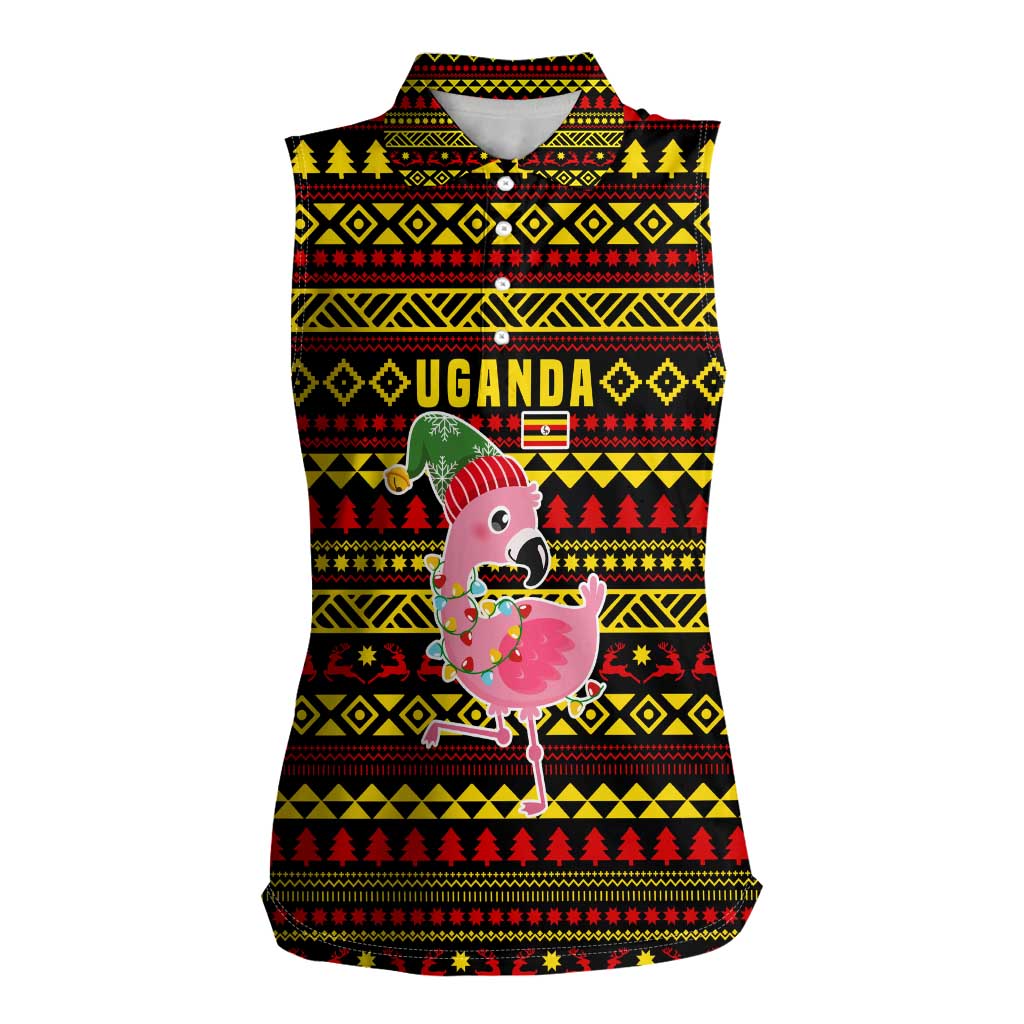 Uganda Christmas Women Sleeveless Polo Shirt with Flamingo Lights Uganda Flag and Black Red Yellow Tribal Pattern Design - Wonder Print Shop
