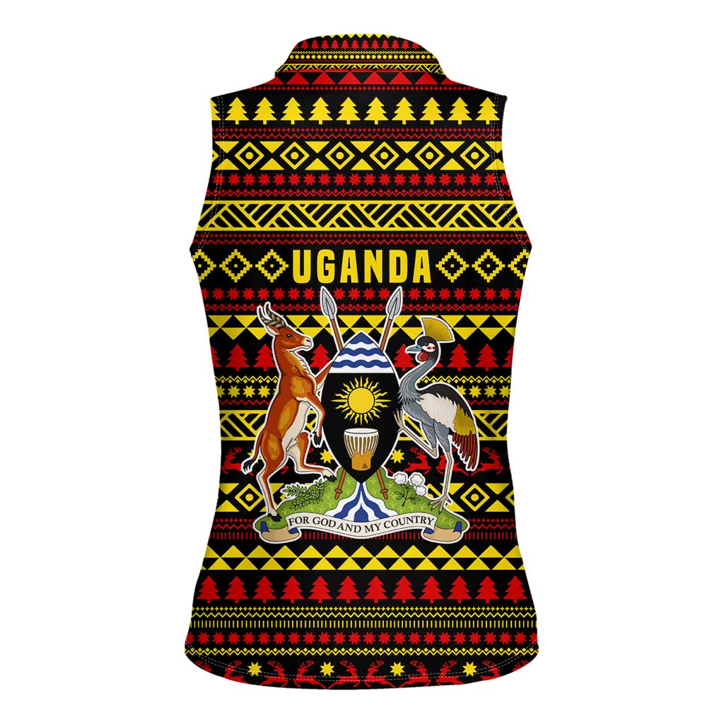 Uganda Christmas Women Sleeveless Polo Shirt with Flamingo Lights Uganda Flag and Black Red Yellow Tribal Pattern Design - Wonder Print Shop
