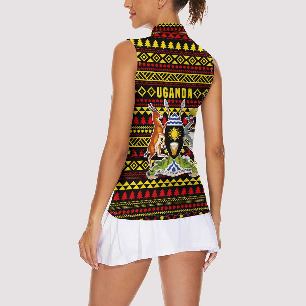 Uganda Christmas Women Sleeveless Polo Shirt with Flamingo Lights Uganda Flag and Black Red Yellow Tribal Pattern Design - Wonder Print Shop