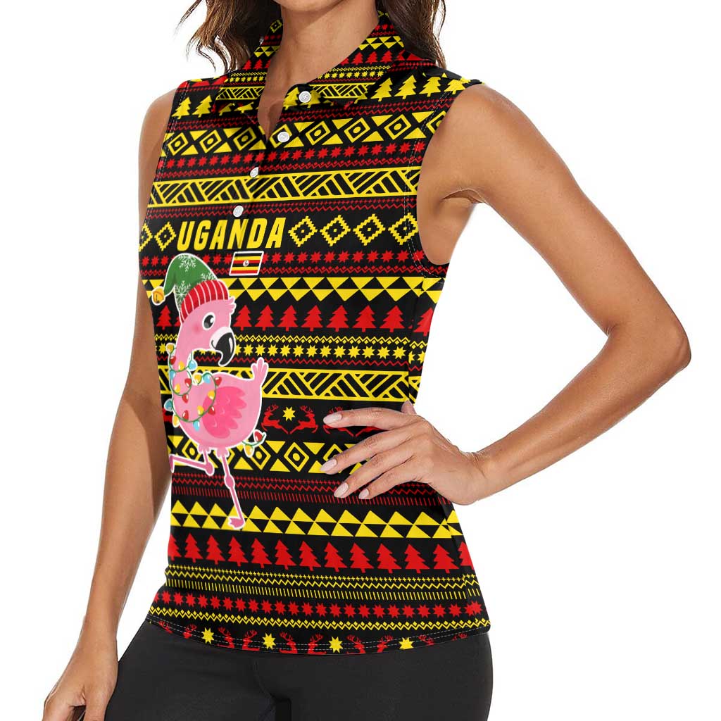 Uganda Christmas Women Sleeveless Polo Shirt with Flamingo Lights Uganda Flag and Black Red Yellow Tribal Pattern Design - Wonder Print Shop