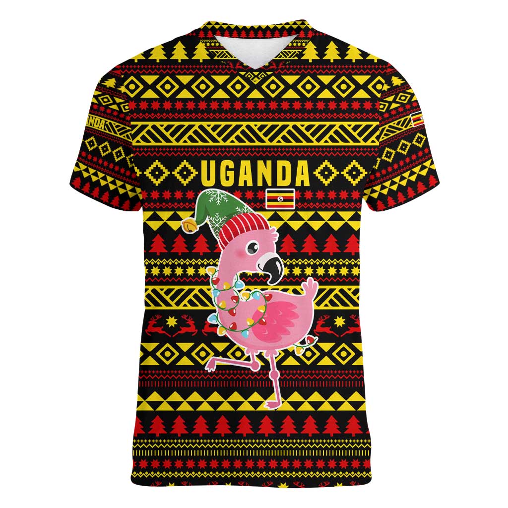 Uganda Christmas Women V-Neck T-Shirt with Flamingo Lights Uganda Flag and Black Red Yellow Tribal Pattern Design - Wonder Print Shop