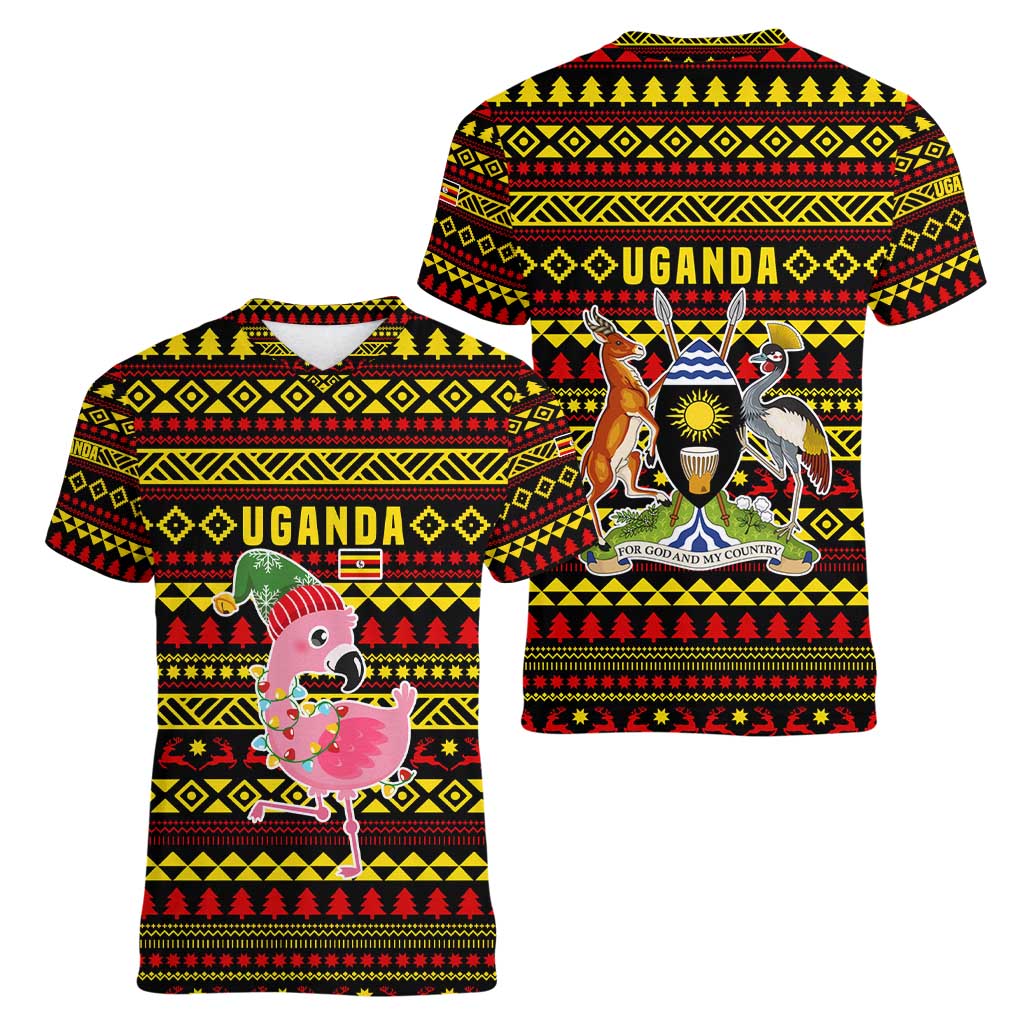 Uganda Christmas Women V-Neck T-Shirt with Flamingo Lights Uganda Flag and Black Red Yellow Tribal Pattern Design - Wonder Print Shop