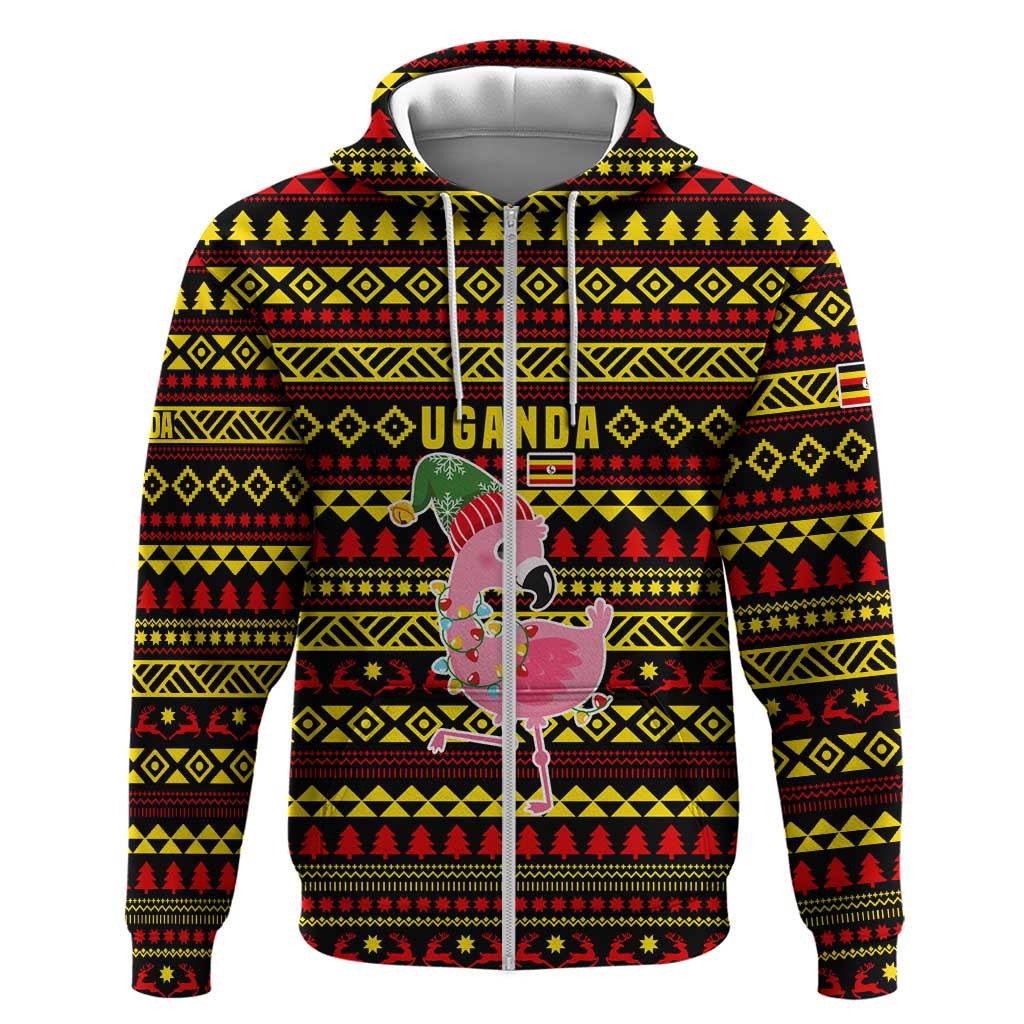 Uganda Christmas Zip Hoodie with Flamingo Lights Uganda Flag and Black Red Yellow Tribal Pattern Design - Wonder Print Shop