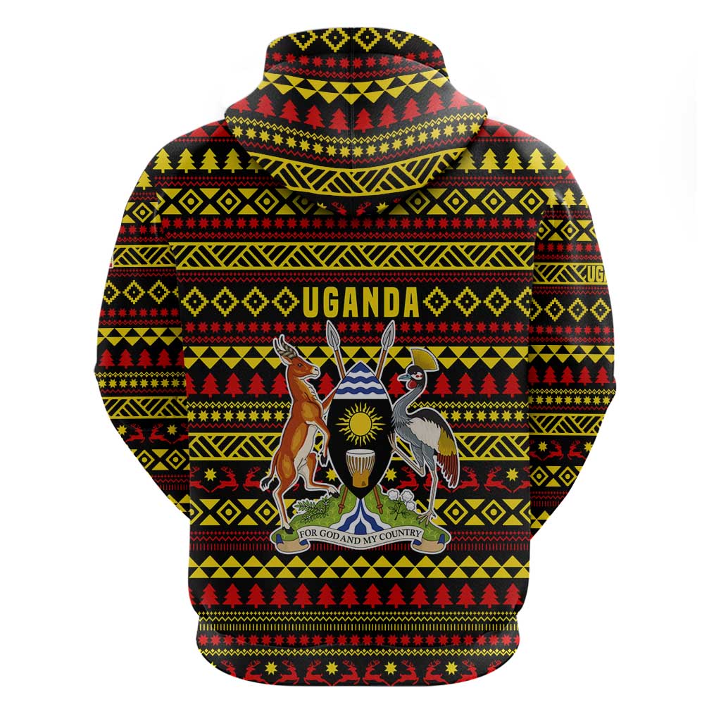 Uganda Christmas Zip Hoodie with Flamingo Lights Uganda Flag and Black Red Yellow Tribal Pattern Design - Wonder Print Shop
