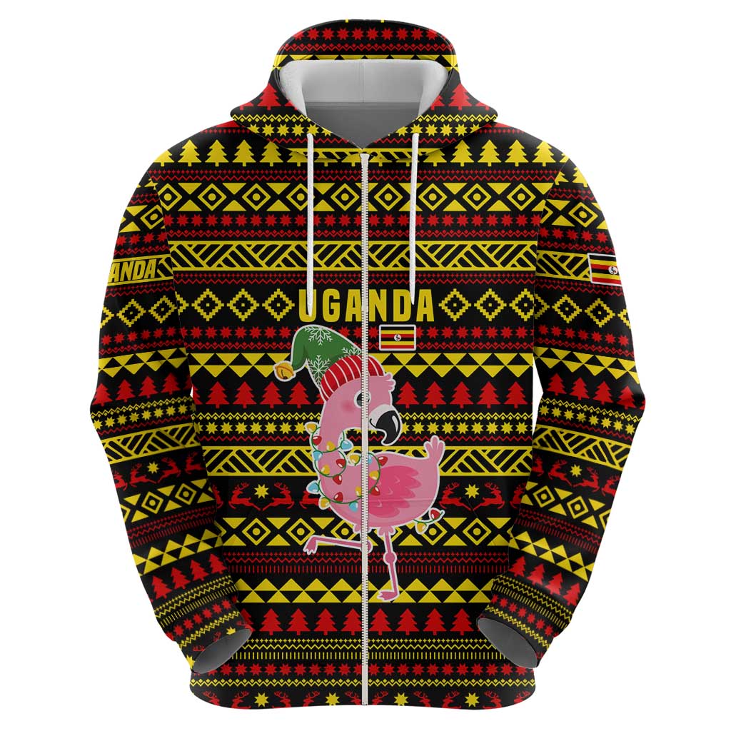 Uganda Christmas Zip Hoodie with Flamingo Lights Uganda Flag and Black Red Yellow Tribal Pattern Design - Wonder Print Shop