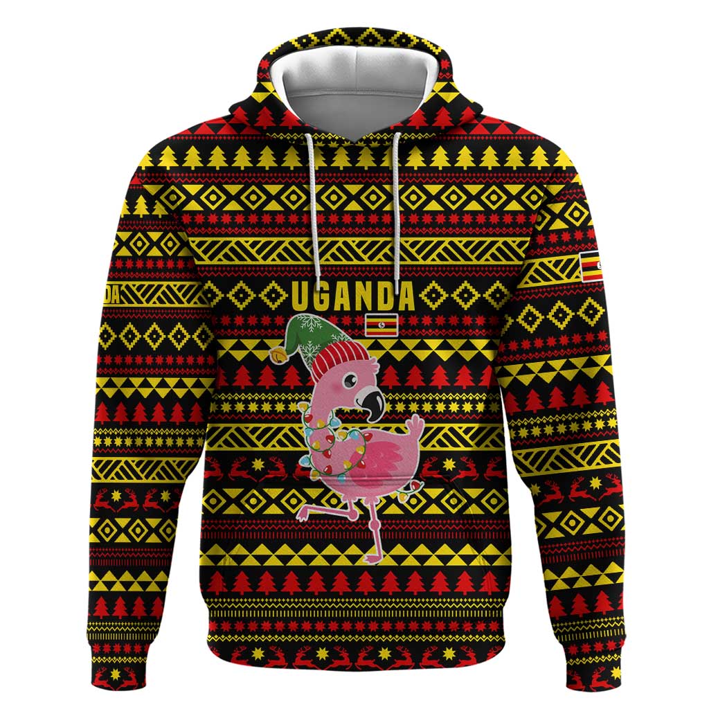 Uganda Christmas Zip Hoodie with Flamingo Lights Uganda Flag and Black Red Yellow Tribal Pattern Design - Wonder Print Shop