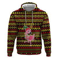 Uganda Christmas Zip Hoodie with Flamingo Lights Uganda Flag and Black Red Yellow Tribal Pattern Design - Wonder Print Shop