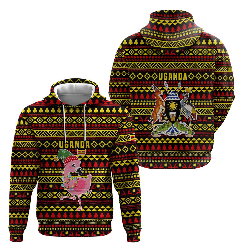 Uganda Christmas Zip Hoodie with Flamingo Lights Uganda Flag and Black Red Yellow Tribal Pattern Design - Wonder Print Shop