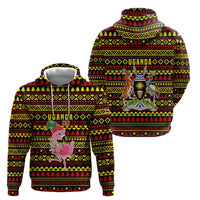 Uganda Christmas Zip Hoodie with Flamingo Lights Uganda Flag and Black Red Yellow Tribal Pattern Design - Wonder Print Shop