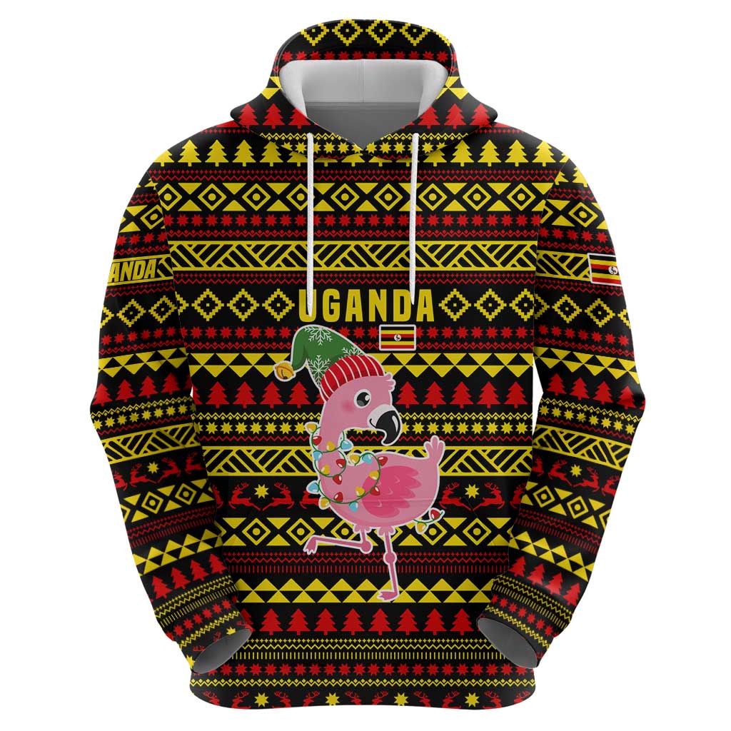 Uganda Christmas Zip Hoodie with Flamingo Lights Uganda Flag and Black Red Yellow Tribal Pattern Design - Wonder Print Shop