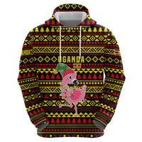 Uganda Christmas Zip Hoodie with Flamingo Lights Uganda Flag and Black Red Yellow Tribal Pattern Design - Wonder Print Shop