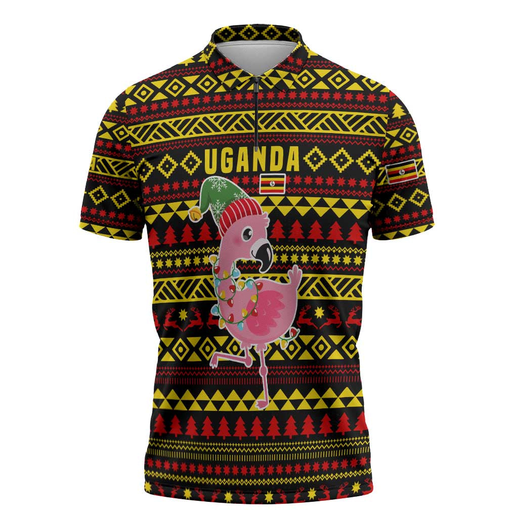 Uganda Christmas Zipper Polo Shirt with Flamingo Lights Uganda Flag and Black Red Yellow Tribal Pattern Design - Wonder Print Shop