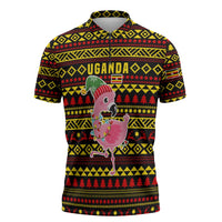 Uganda Christmas Zipper Polo Shirt with Flamingo Lights Uganda Flag and Black Red Yellow Tribal Pattern Design - Wonder Print Shop